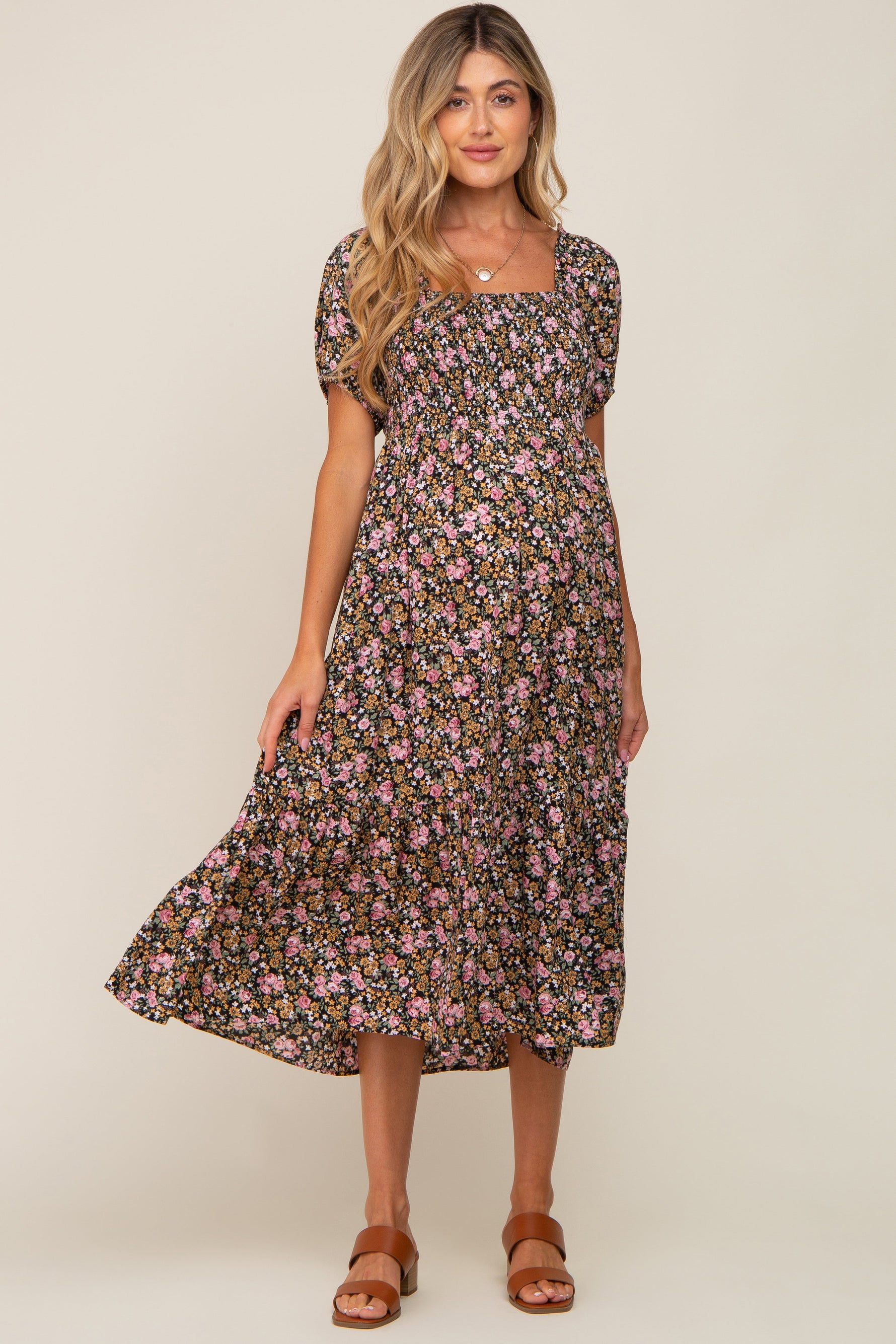PinkBlush pink floral smocked puff sleeve maternity midi dress