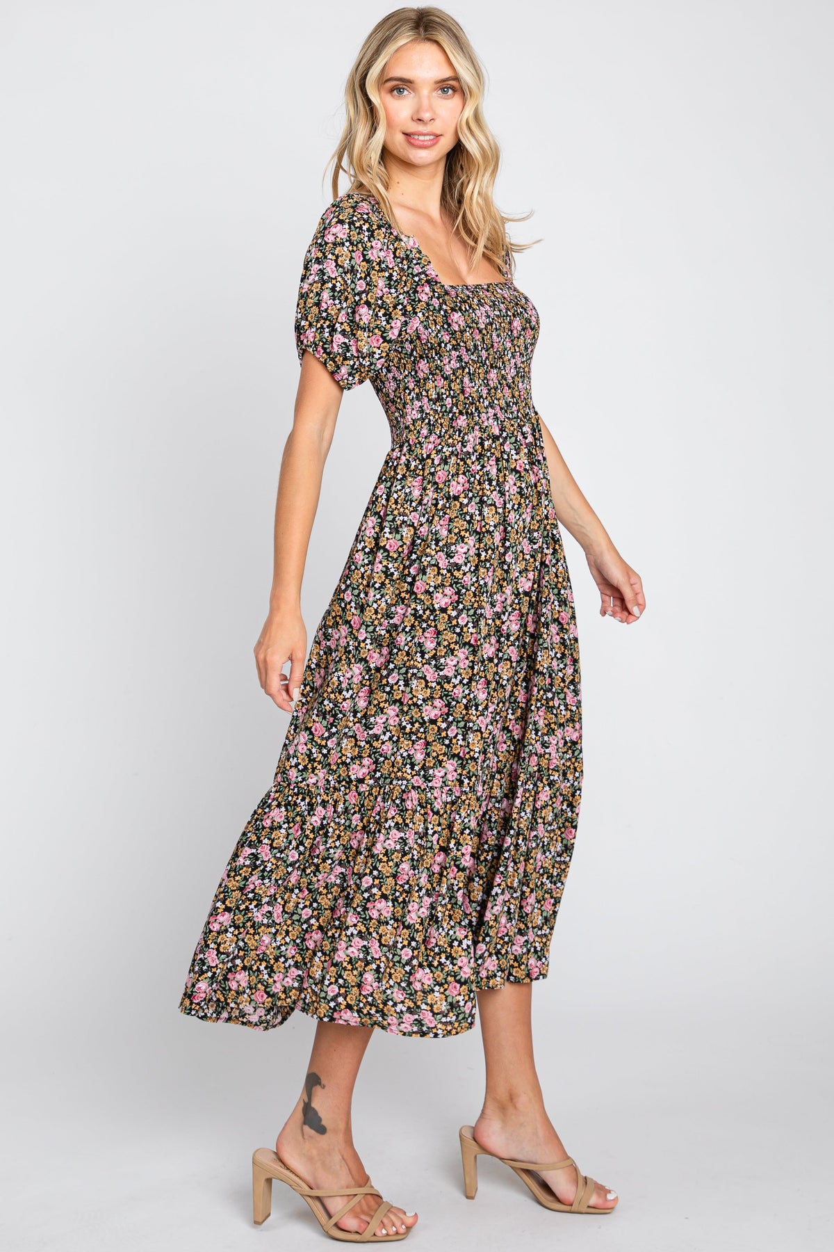 PinkBlush women's pink floral smocked puff sleeve midi dress