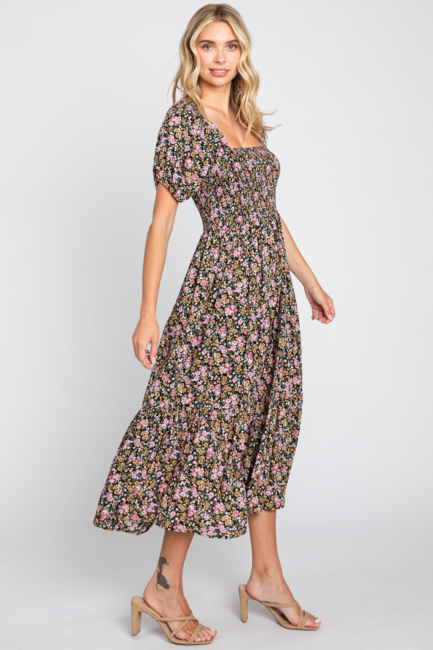 PinkBlush women's pink floral smocked puff sleeve midi dress
