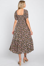 Organic pink floral smocked puff sleeve baby midi dress.