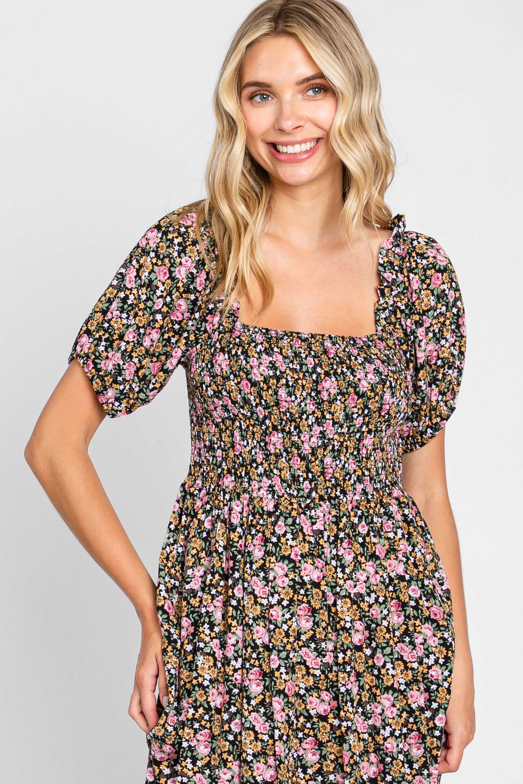 PinkBlush pink floral smocked puff sleeve midi dress for toddler.
