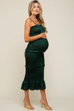 Forest Green Satin Smocked Fitted Maternity Maxi Dress by PinkBlush
