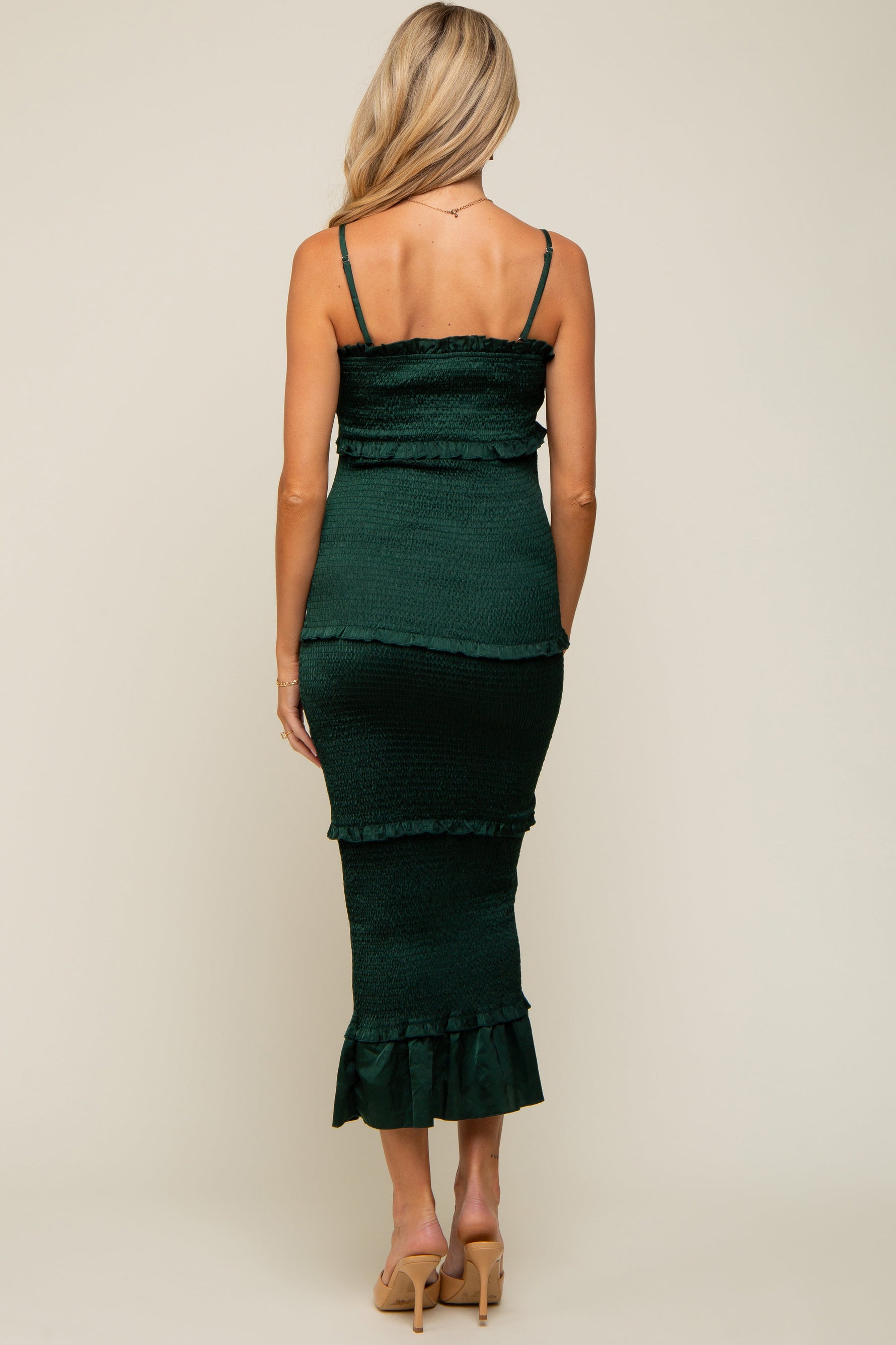 Forest Green Satin Smocked Fitted Maternity Maxi Dress by PinkBlush