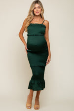 Forest Green Satin Smocked Fitted Maternity Maxi Dress by PinkBlush