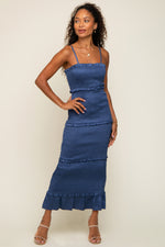 Satin Smocked Maxi Dress with Ruffle Trim by PinkBlush