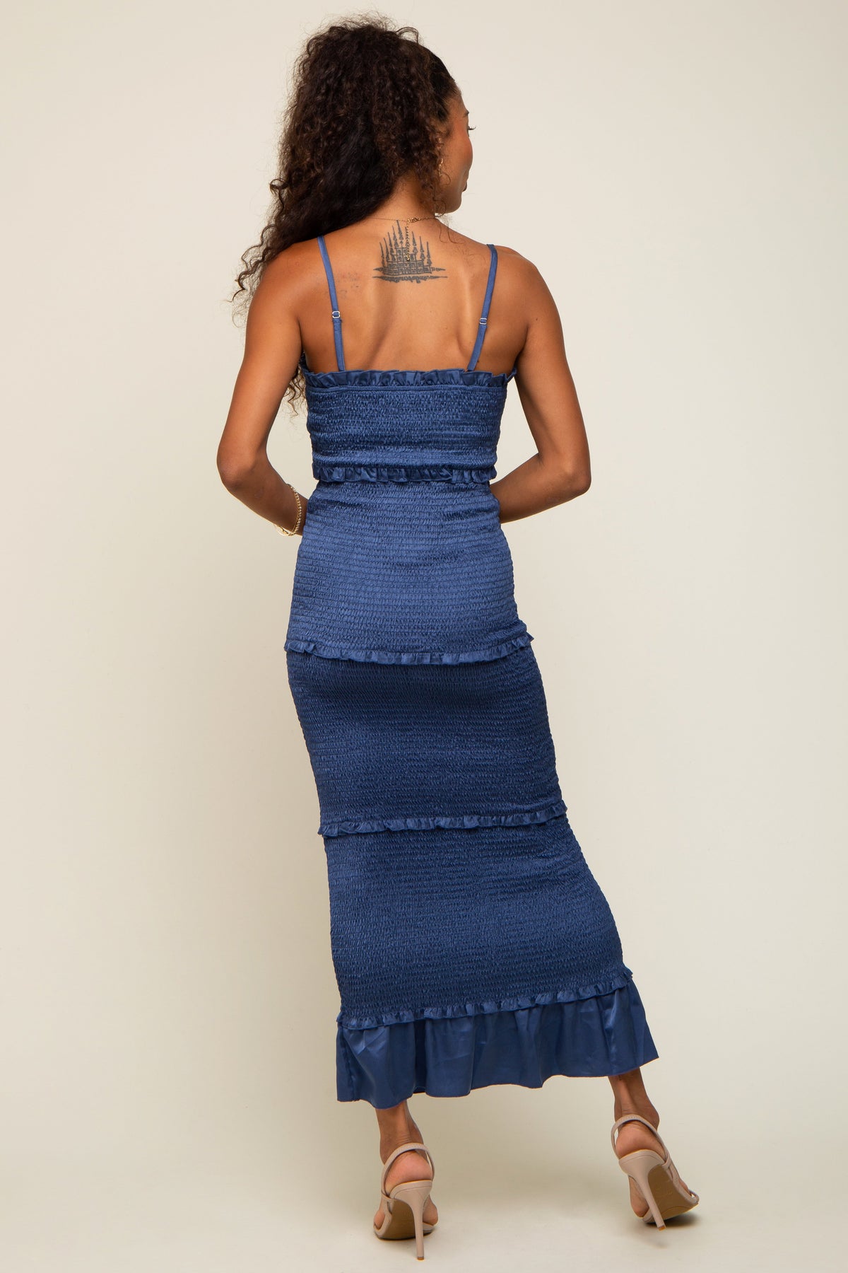 Satin Smocked Maxi Dress with Ruffle Trim by PinkBlush