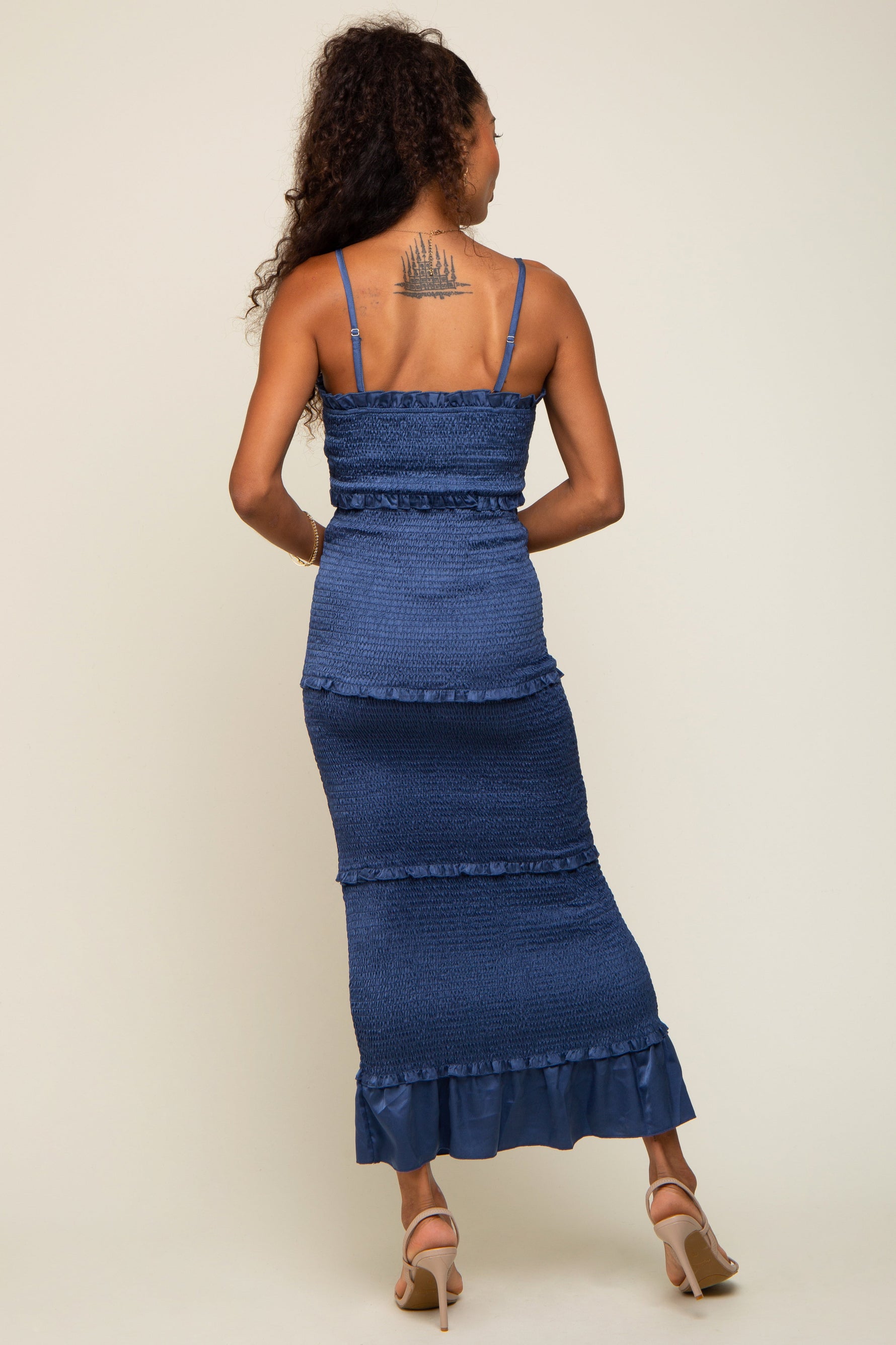 Satin Smocked Maxi Dress with Ruffle Trim by PinkBlush