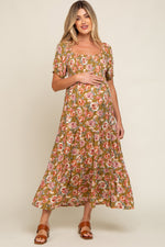Olive Floral Smocked Square Neck Tiered Maternity Maxi Dress by PinkBlush