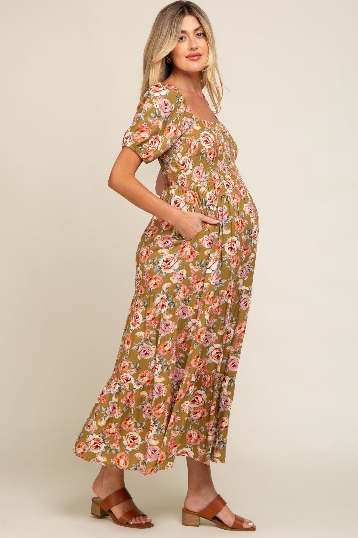 Olive Floral Smocked Square Neck Tiered Maternity Maxi Dress by PinkBlush