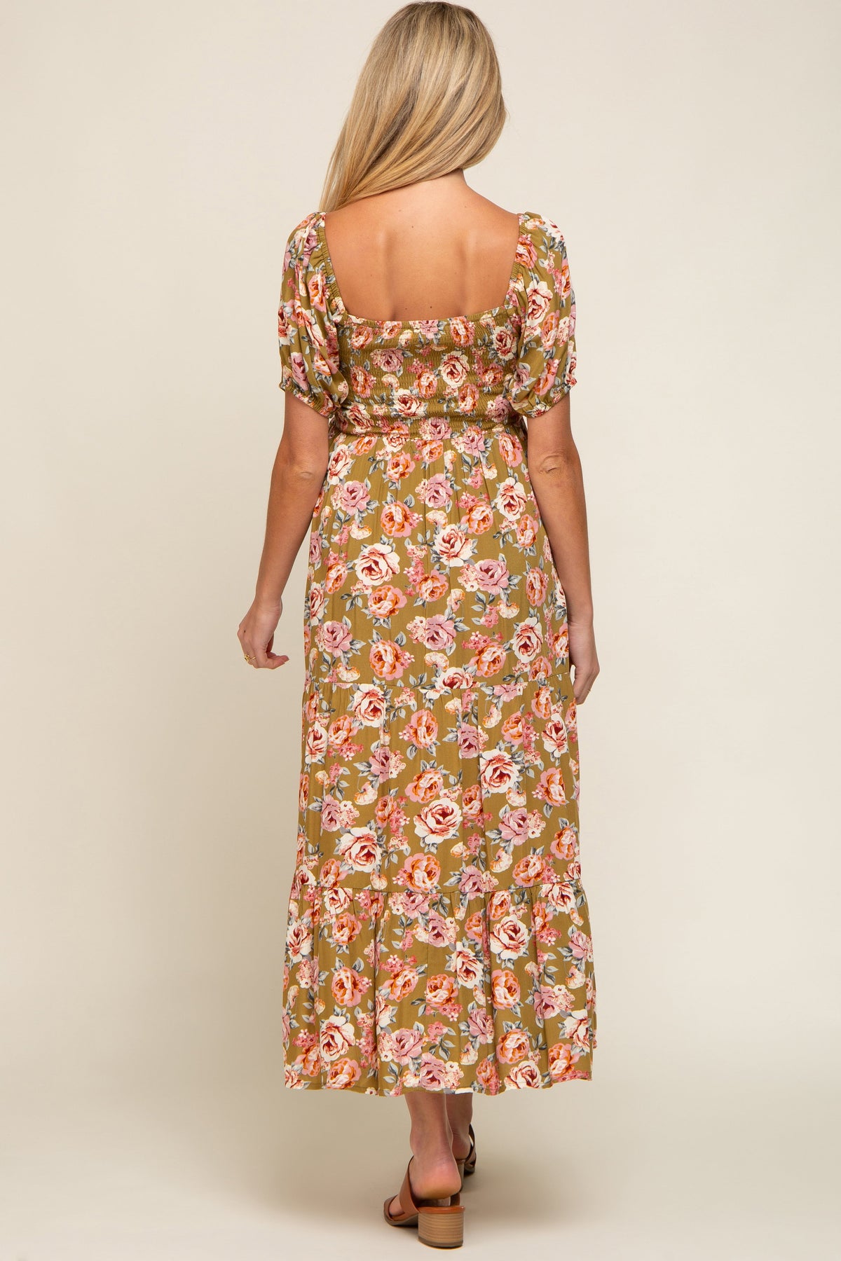 Olive Floral Smocked Square Neck Tiered Maternity Maxi Dress by PinkBlush