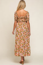 Olive Floral Smocked Square Neck Tiered Maternity Maxi Dress by PinkBlush