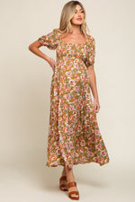 Olive Floral Smocked Square Neck Tiered Maternity Maxi Dress by PinkBlush