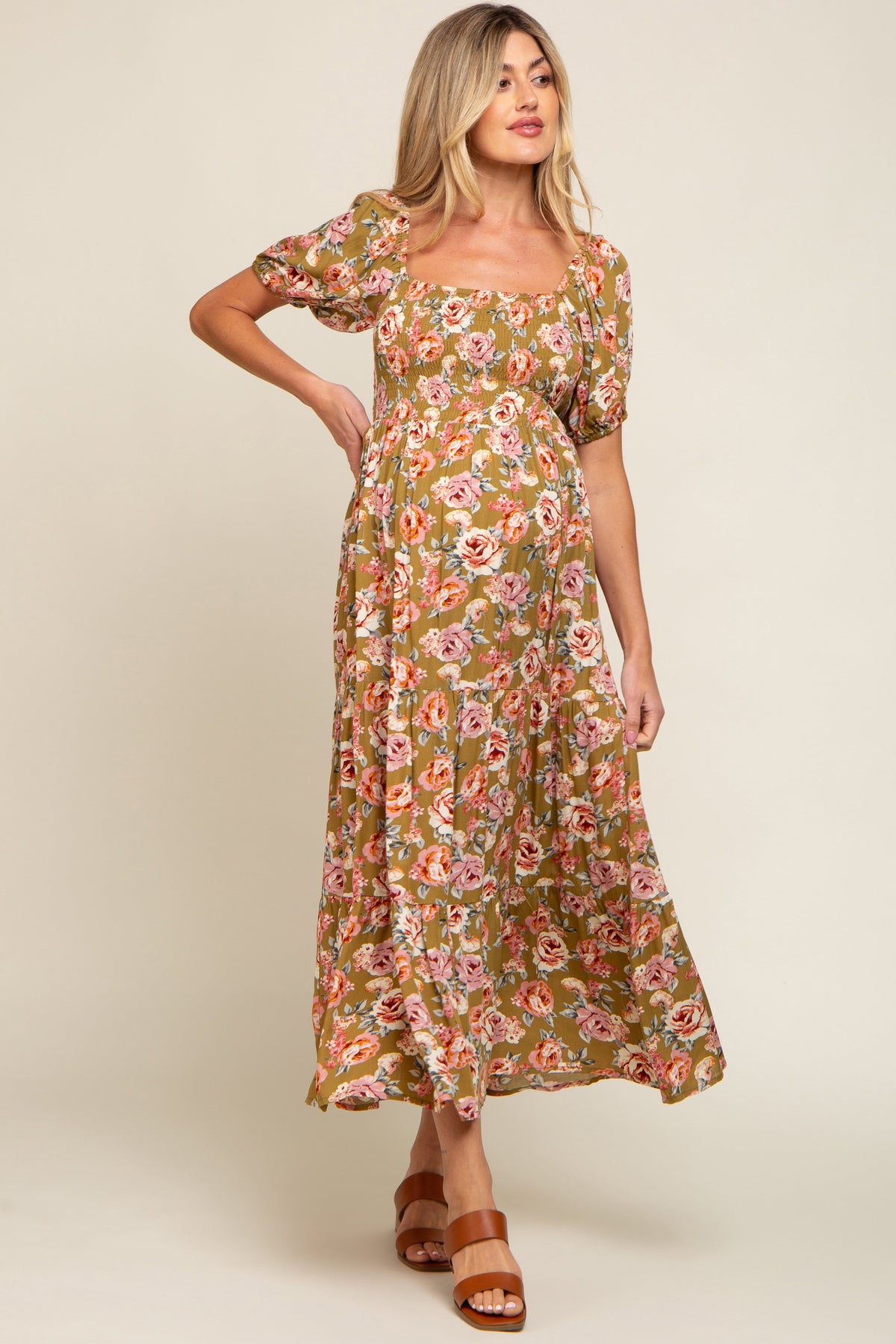 Olive Floral Smocked Square Neck Tiered Maternity Maxi Dress by PinkBlush