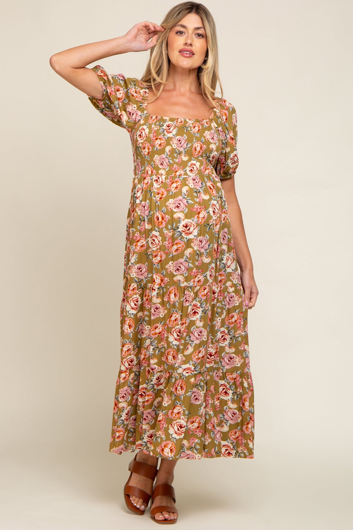 Olive Floral Smocked Square Neck Tiered Maternity Maxi Dress by PinkBlush