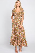 Olive Floral Smocked Square Neck Tiered Maternity Maxi Dress by PinkBlush