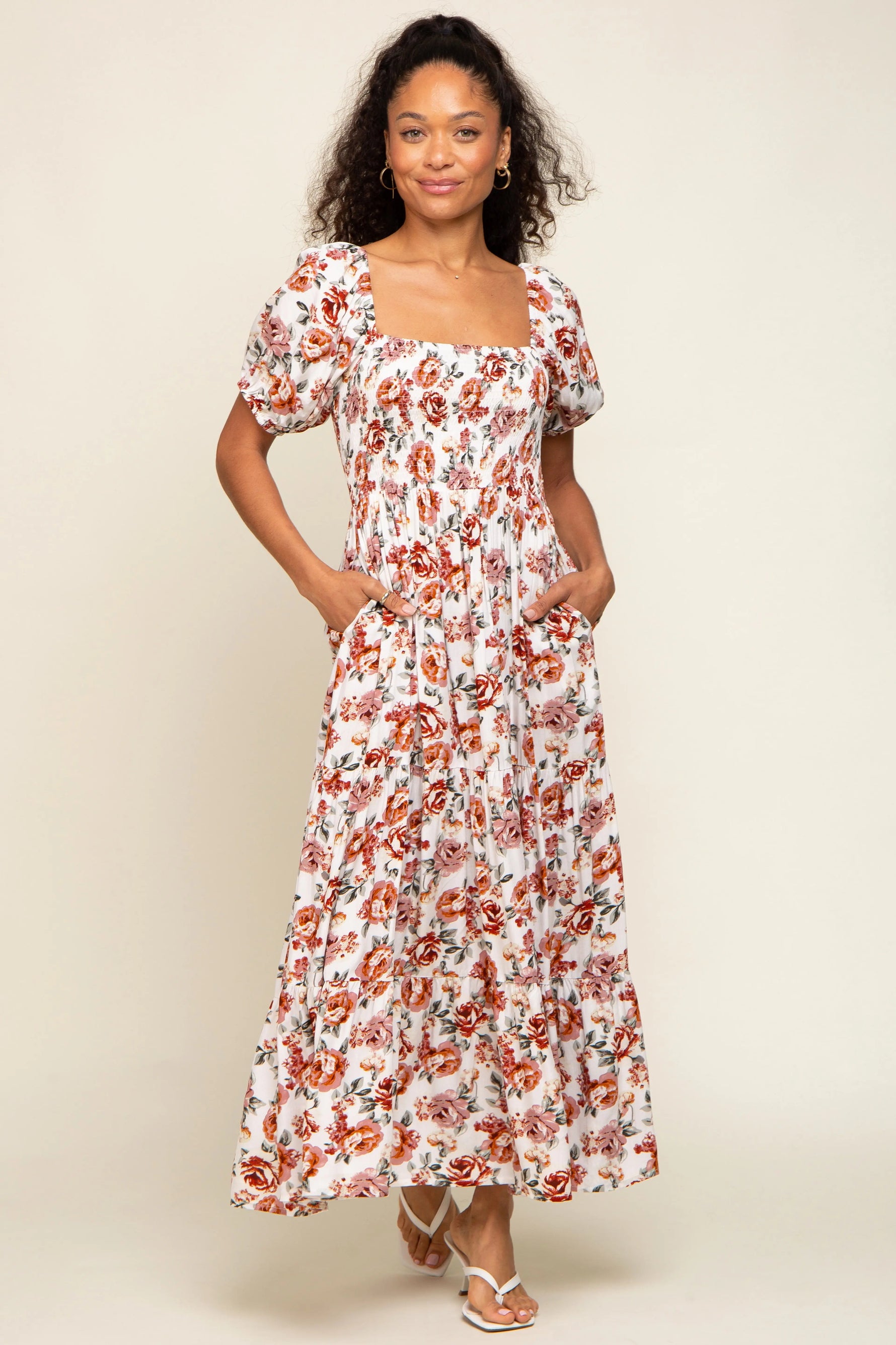 Cream Floral Smocked Square Neck Tiered Maxi Dress PinkBlush 
