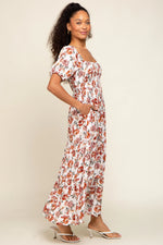 Cream Floral Smocked Square Neck Tiered Maxi Dress PinkBlush 