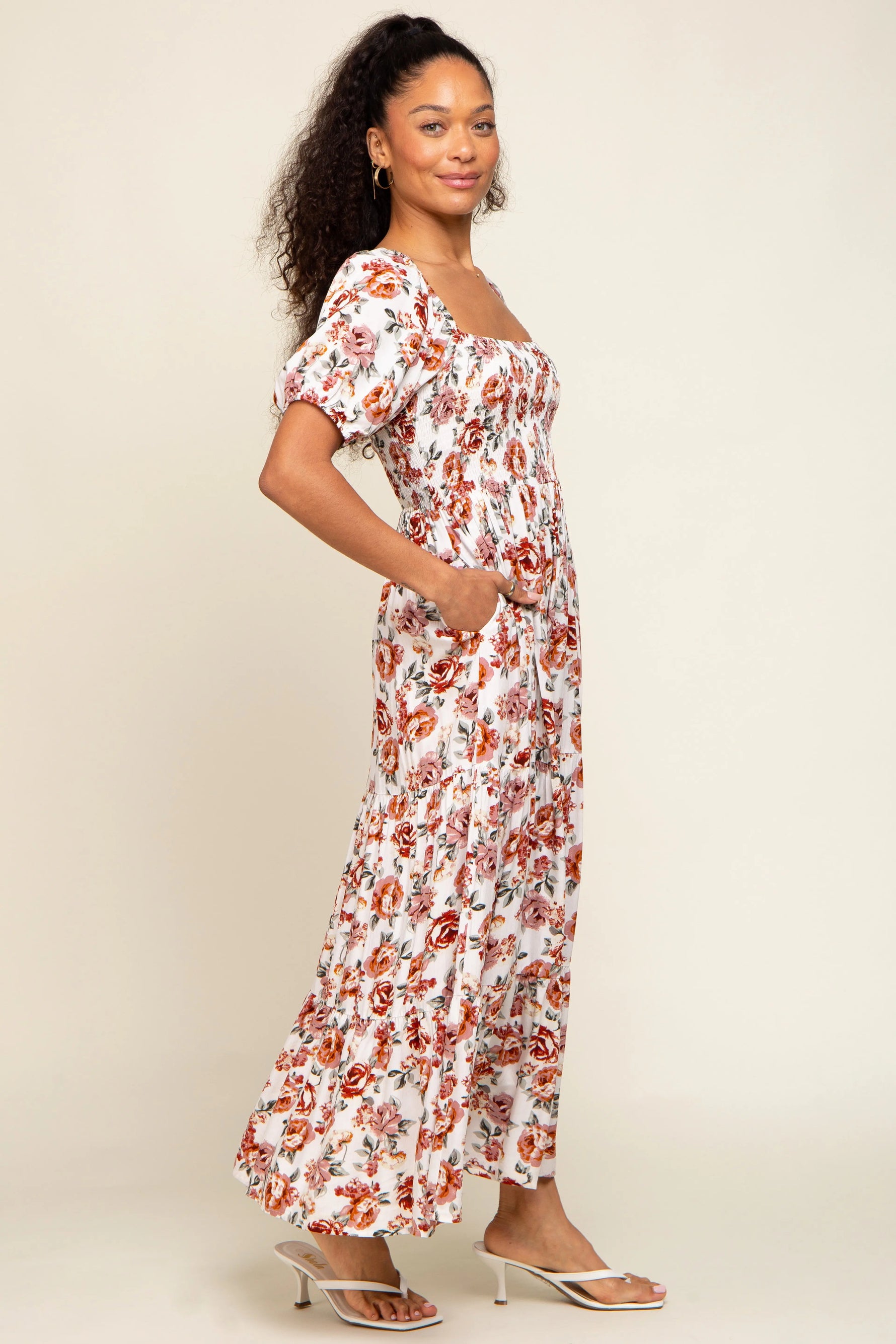 Cream Floral Smocked Square Neck Tiered Maxi Dress PinkBlush 