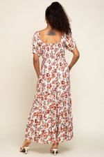 Cream Floral Smocked Square Neck Tiered Maxi Dress PinkBlush 