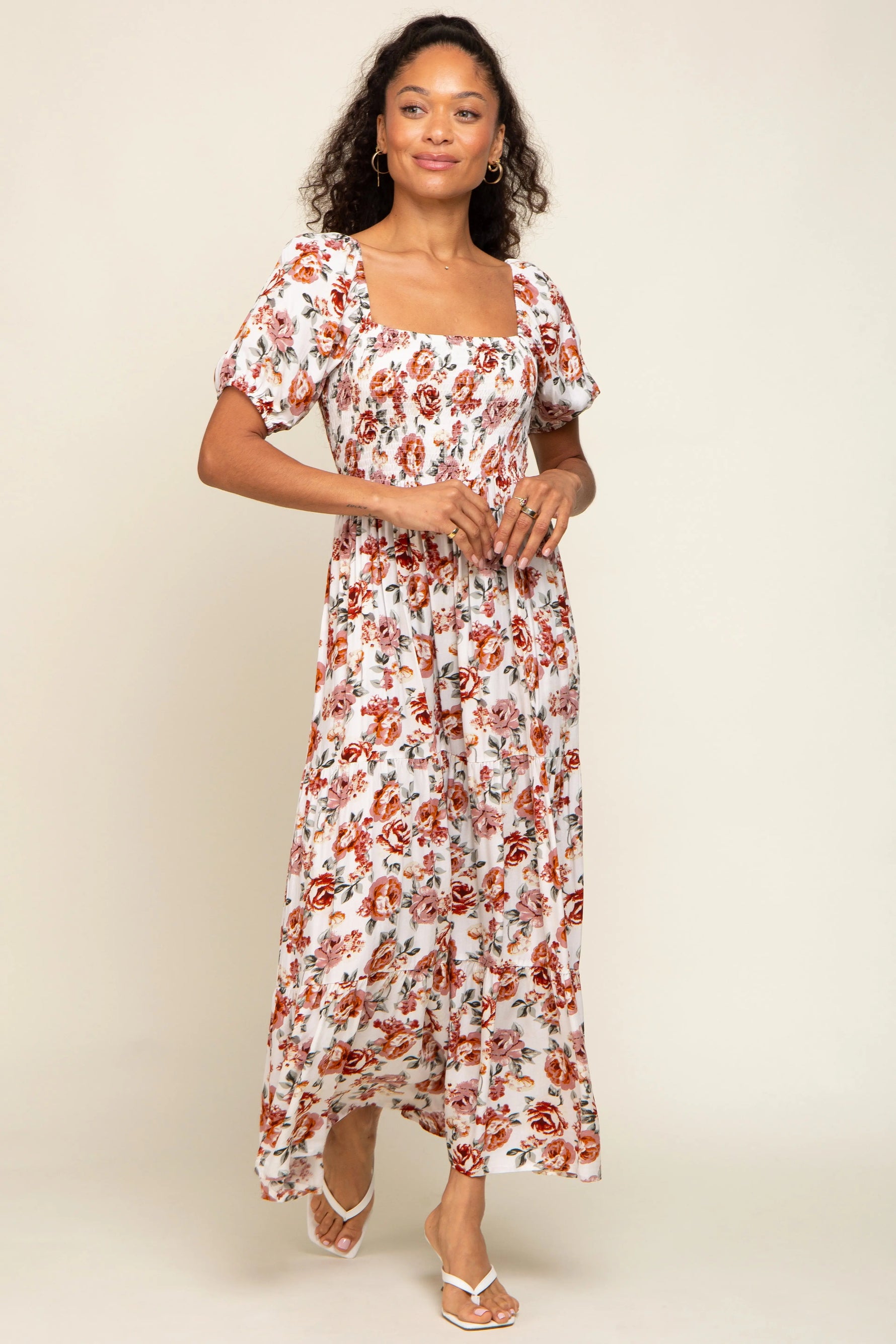Cream Floral Smocked Square Neck Tiered Maxi Dress PinkBlush 
