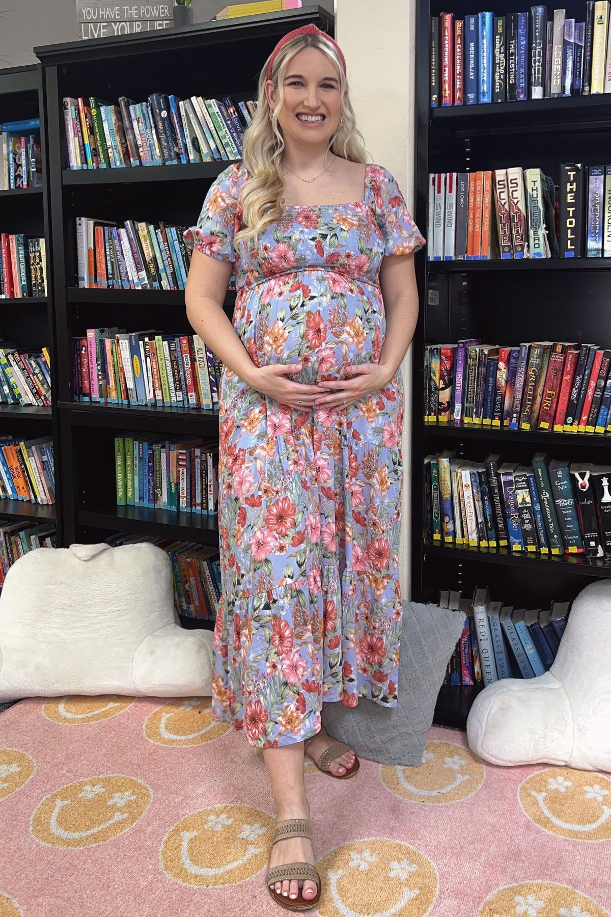 Blue Floral Smocked Square Neck Tiered Maternity Maxi Dress by PinkBlush at Everetts Place