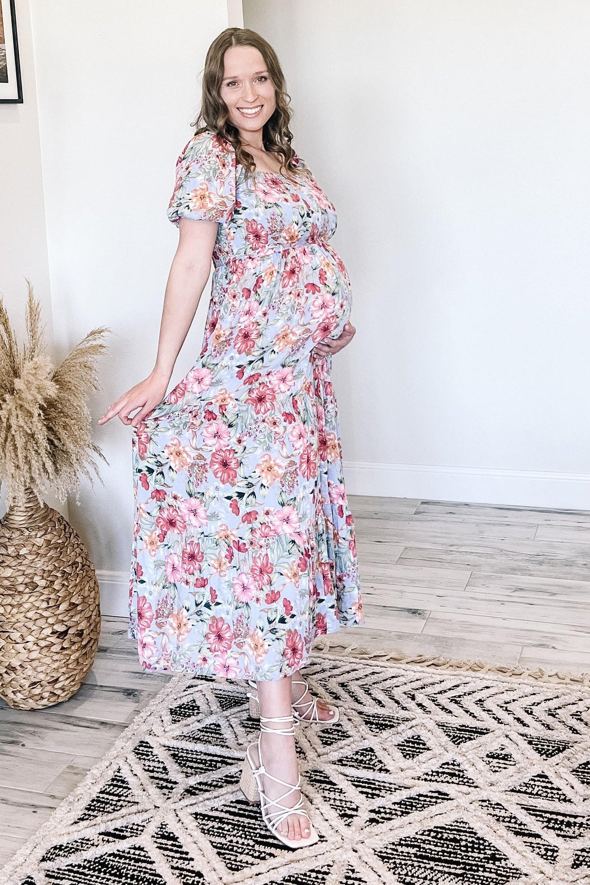 Blue Floral Smocked Square Neck Tiered Maternity Maxi Dress by PinkBlush at Everetts Place