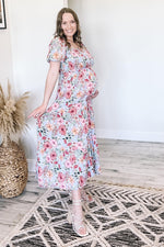 Blue Floral Smocked Square Neck Tiered Maternity Maxi Dress by PinkBlush at Everetts Place