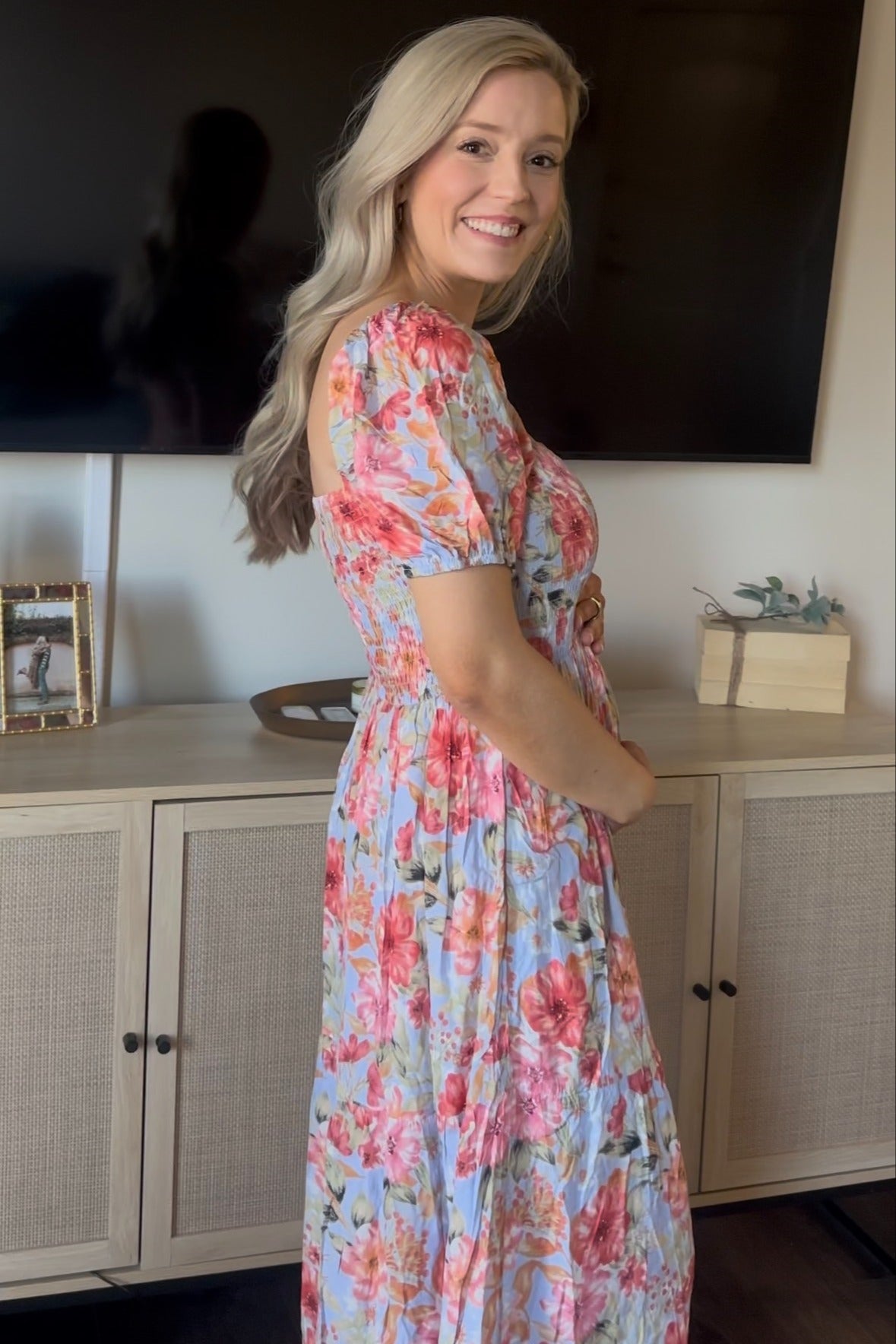 Blue Floral Smocked Square Neck Tiered Maternity Maxi Dress by PinkBlush at Everetts Place