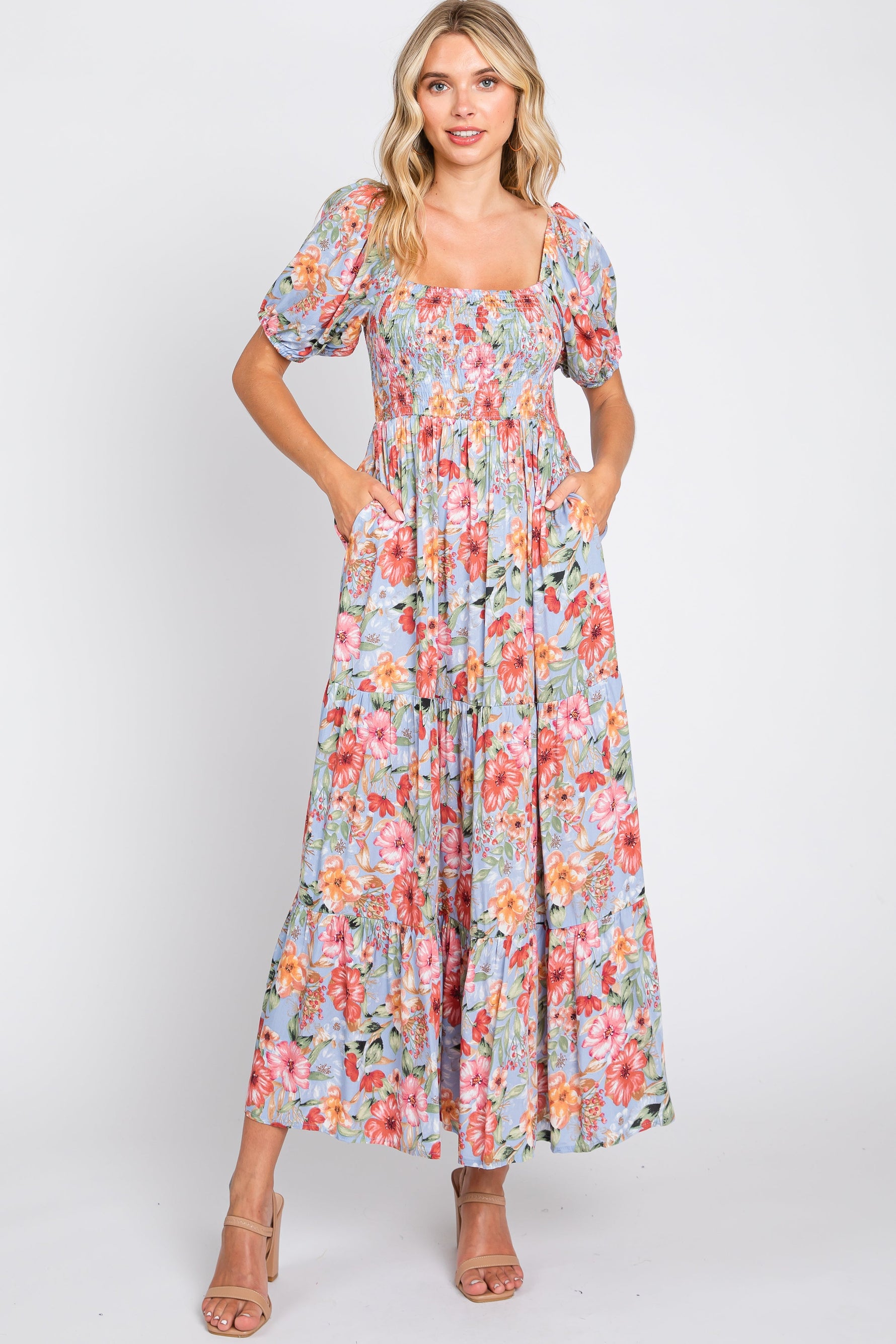 Blue Floral Smocked Square Neck Tiered Maternity Maxi Dress by PinkBlush at Everetts Place
