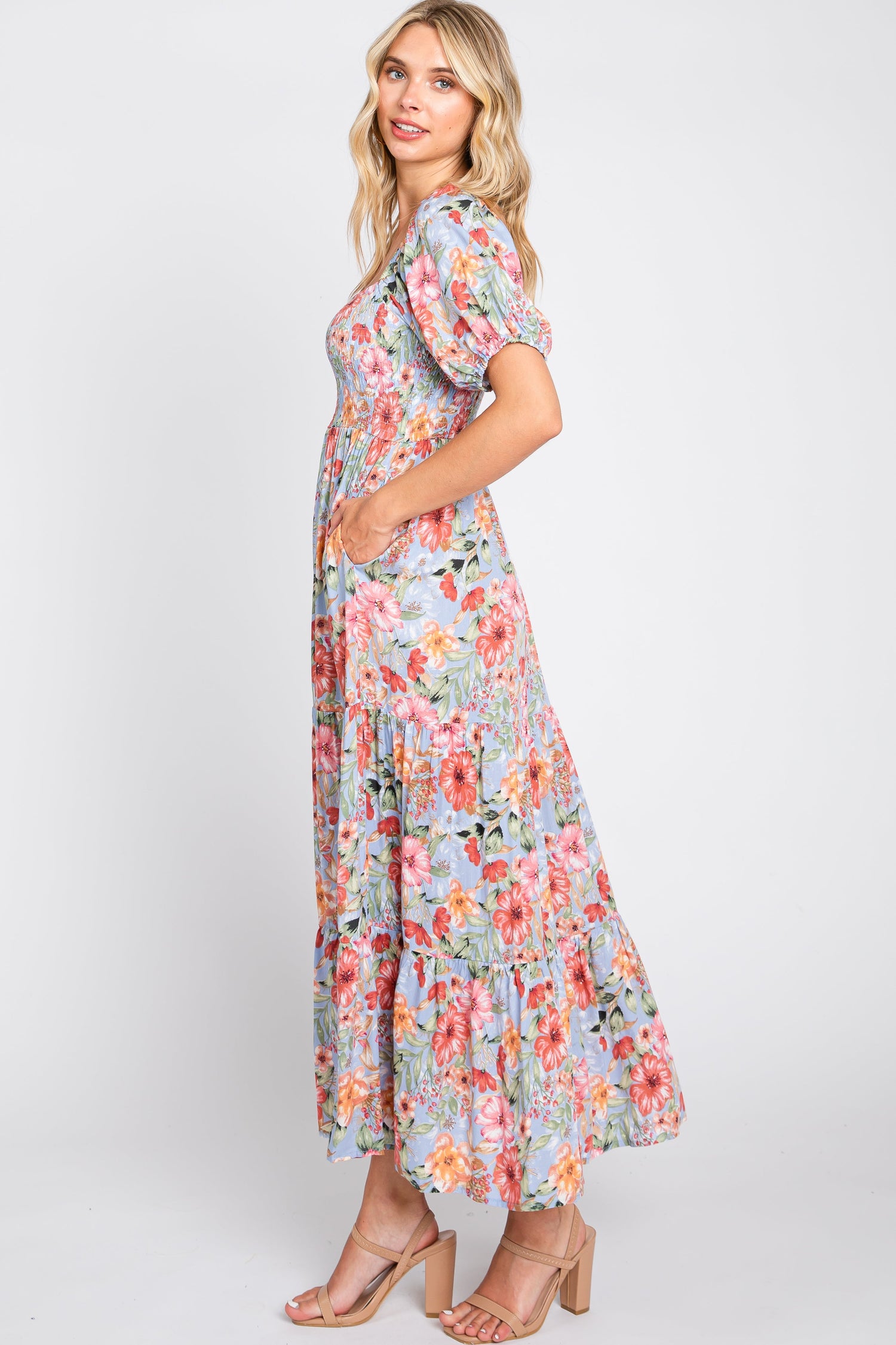 Blue Floral Smocked Square Neck Tiered Maxi Dress by PinkBlush at Everetts Place