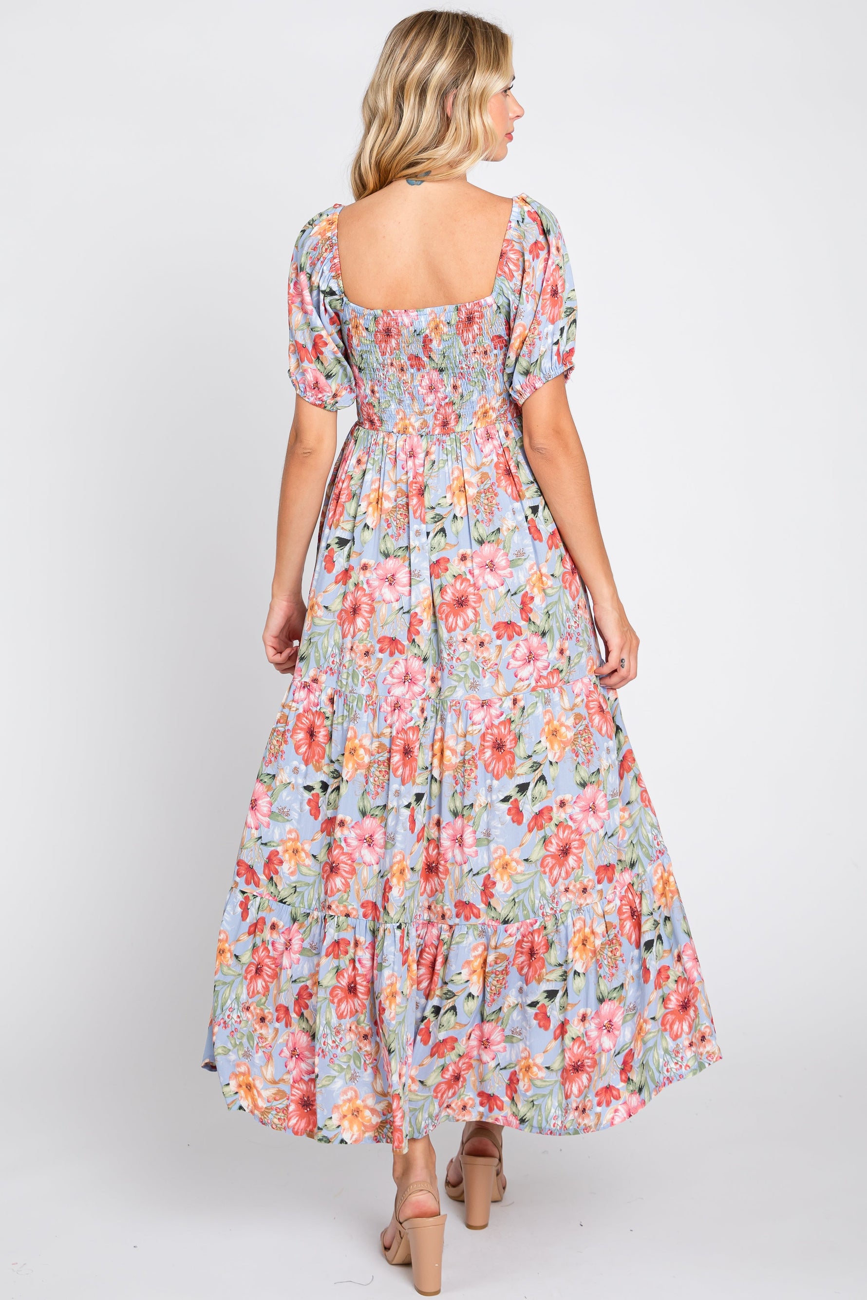 Blue Floral Smocked Square Neck Tiered Maxi Dress by PinkBlush at Everetts Place