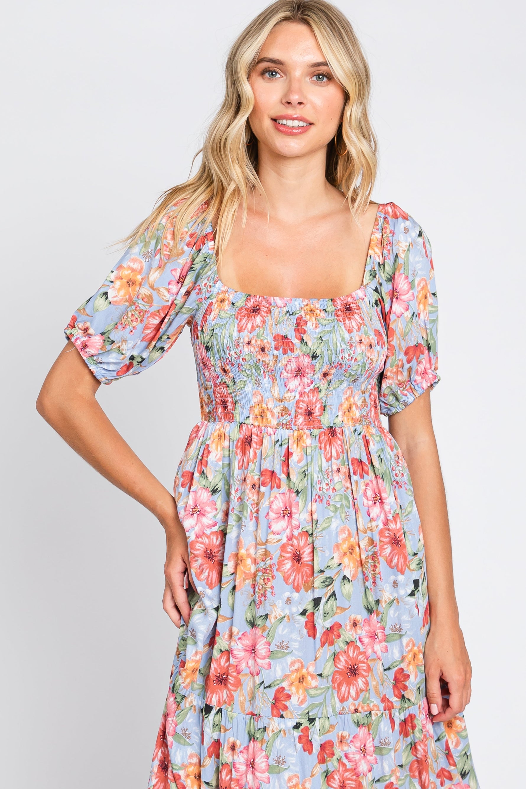 Blue Floral Smocked Square Neck Tiered Maxi Dress by PinkBlush at Everetts Place