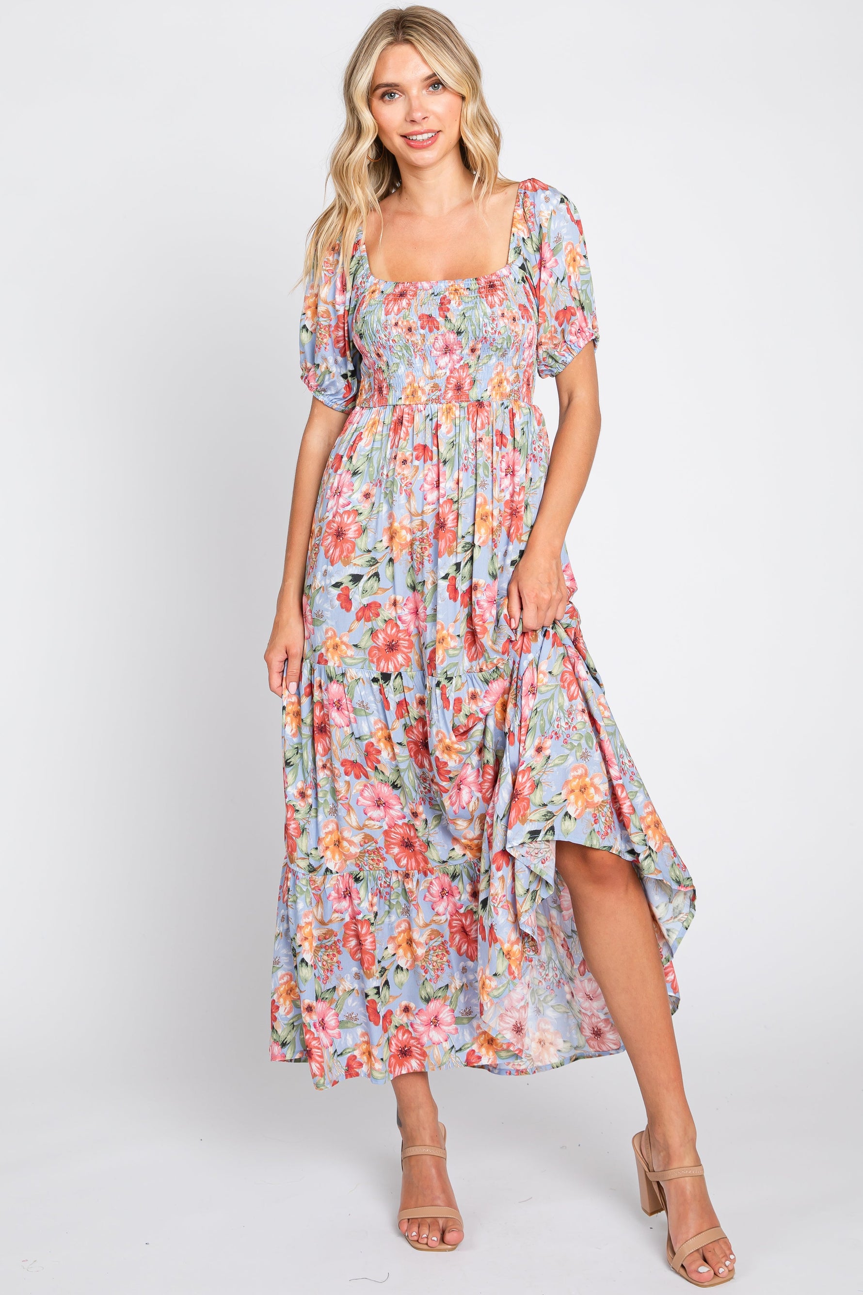 Blue Floral Smocked Square Neck Tiered Maxi Dress by PinkBlush at Everetts Place
