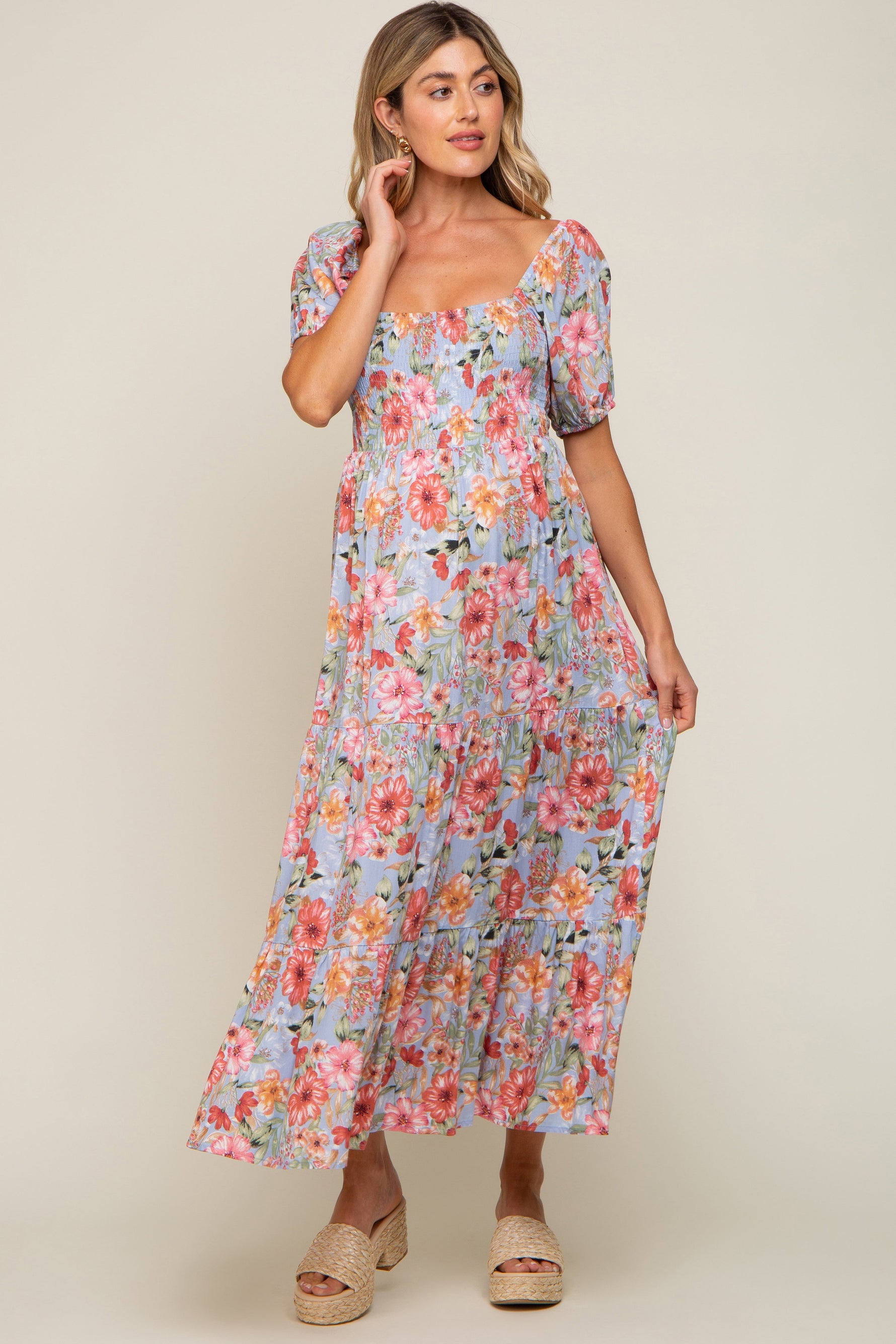 Blue Floral Smocked Square Neck Tiered Maxi Dress Large