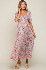 Blue Floral Smocked Square Neck Tiered Maternity Maxi Dress by PinkBlush at Everetts Place