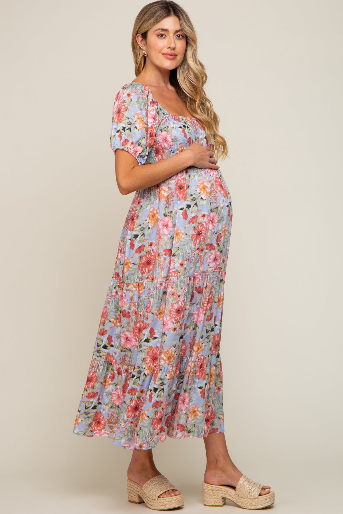 Blue Floral Smocked Square Neck Tiered Maternity Maxi Dress by PinkBlush at Everetts Place