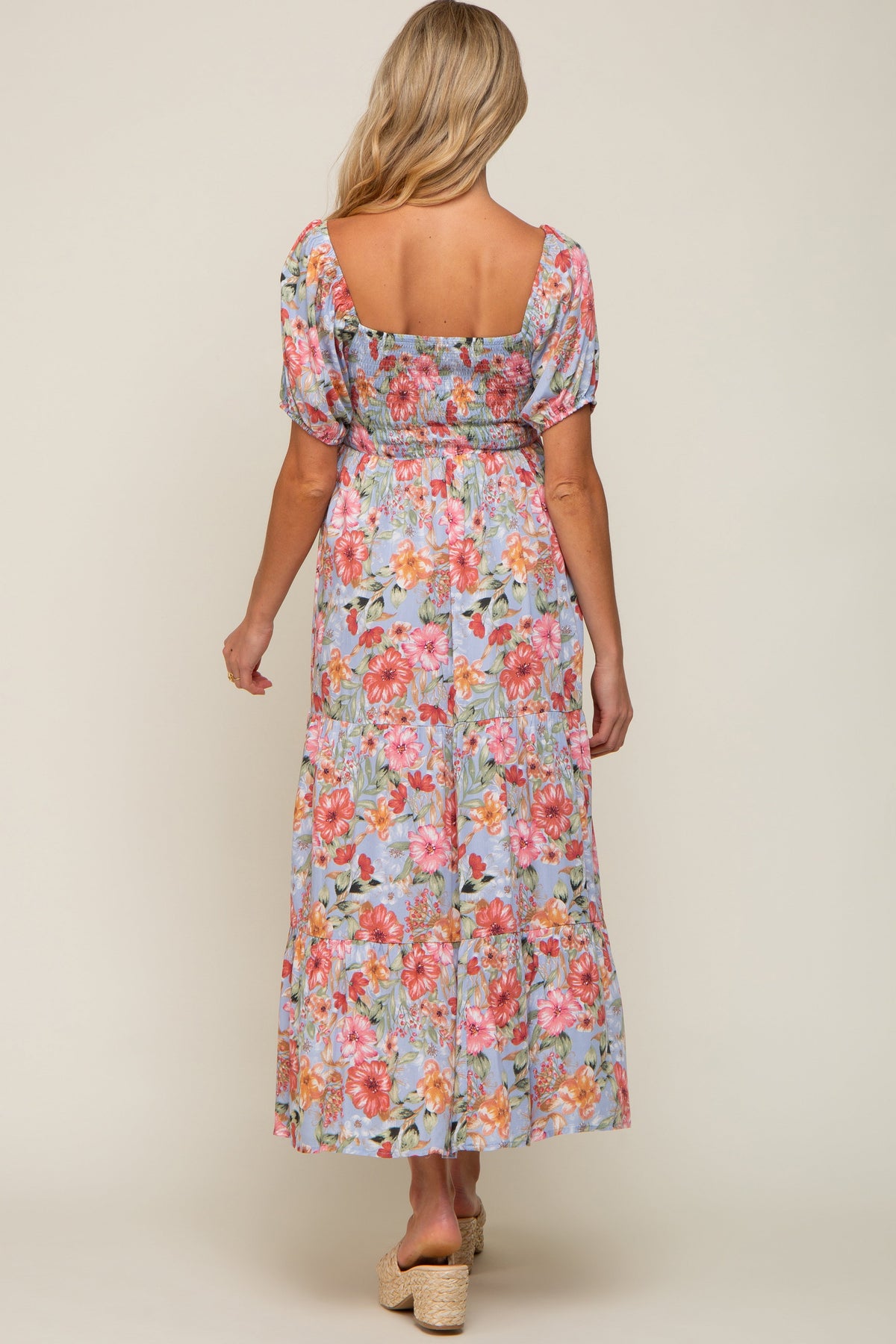 Blue Floral Smocked Square Neck Tiered Maternity Maxi Dress by PinkBlush at Everetts Place