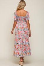 Blue Floral Smocked Square Neck Tiered Maternity Maxi Dress by PinkBlush at Everetts Place