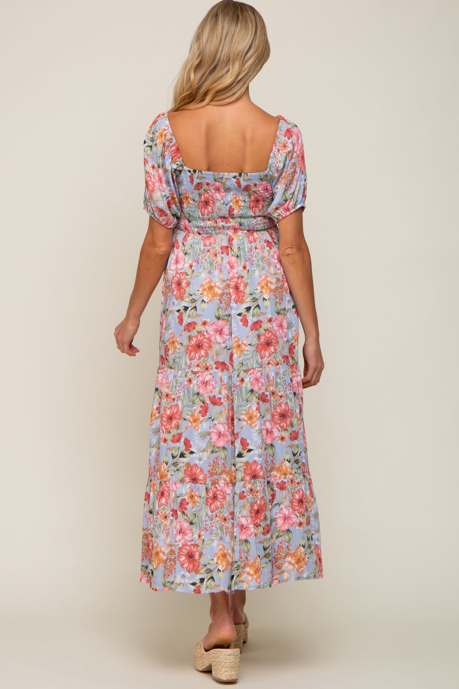 Blue Floral Smocked Square Neck Tiered Maternity Maxi Dress by PinkBlush at Everetts Place