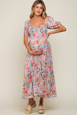 Blue Floral Smocked Square Neck Tiered Maternity Maxi Dress by PinkBlush at Everetts Place