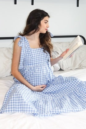 Blue Checkered Sleeveless Tiered Maternity Maxi Dress by PinkBlush at Everetts Place