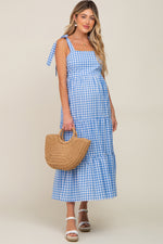 Blue Checkered Sleeveless Maternity Maxi Dress by PinkBlush (view 2 of 9)