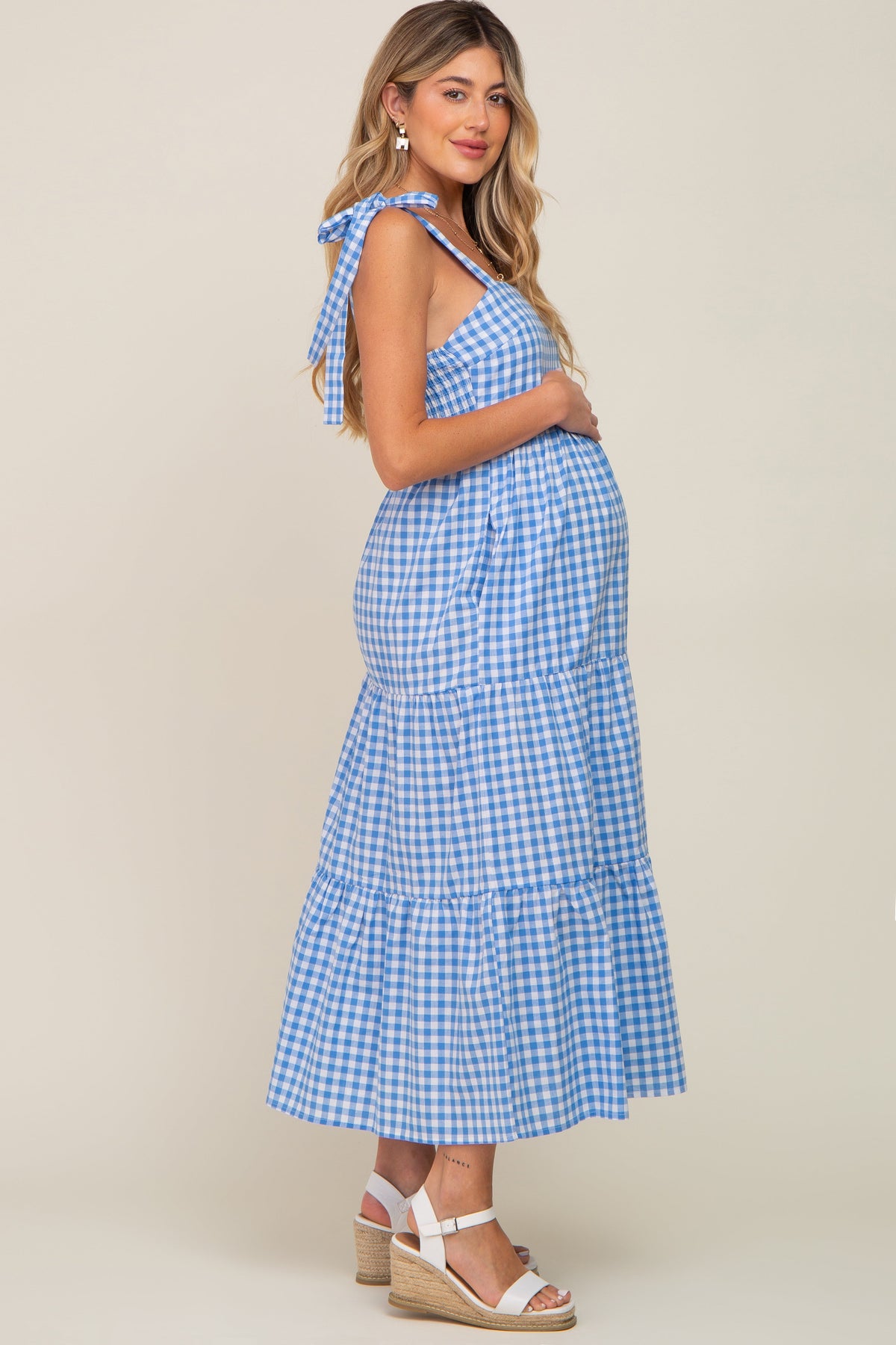 Blue Checkered Sleeveless Maternity Maxi Dress by PinkBlush (view 3 of 9)