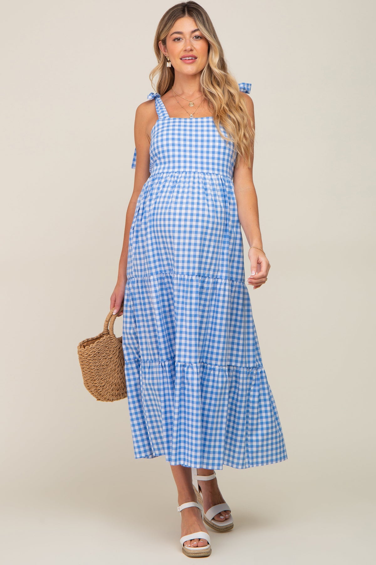 Blue Checkered Sleeveless Maternity Maxi Dress by PinkBlush (view 5 of 9)