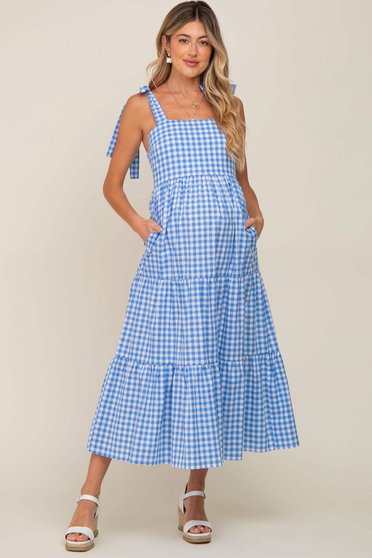Blue Checkered Sleeveless Maternity Maxi Dress by PinkBlush (view 1 of 9)