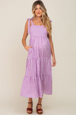 Lavender checkered sleeveless maternity maxi dress with tie shoulder straps, square neckline, and a tiered skirt