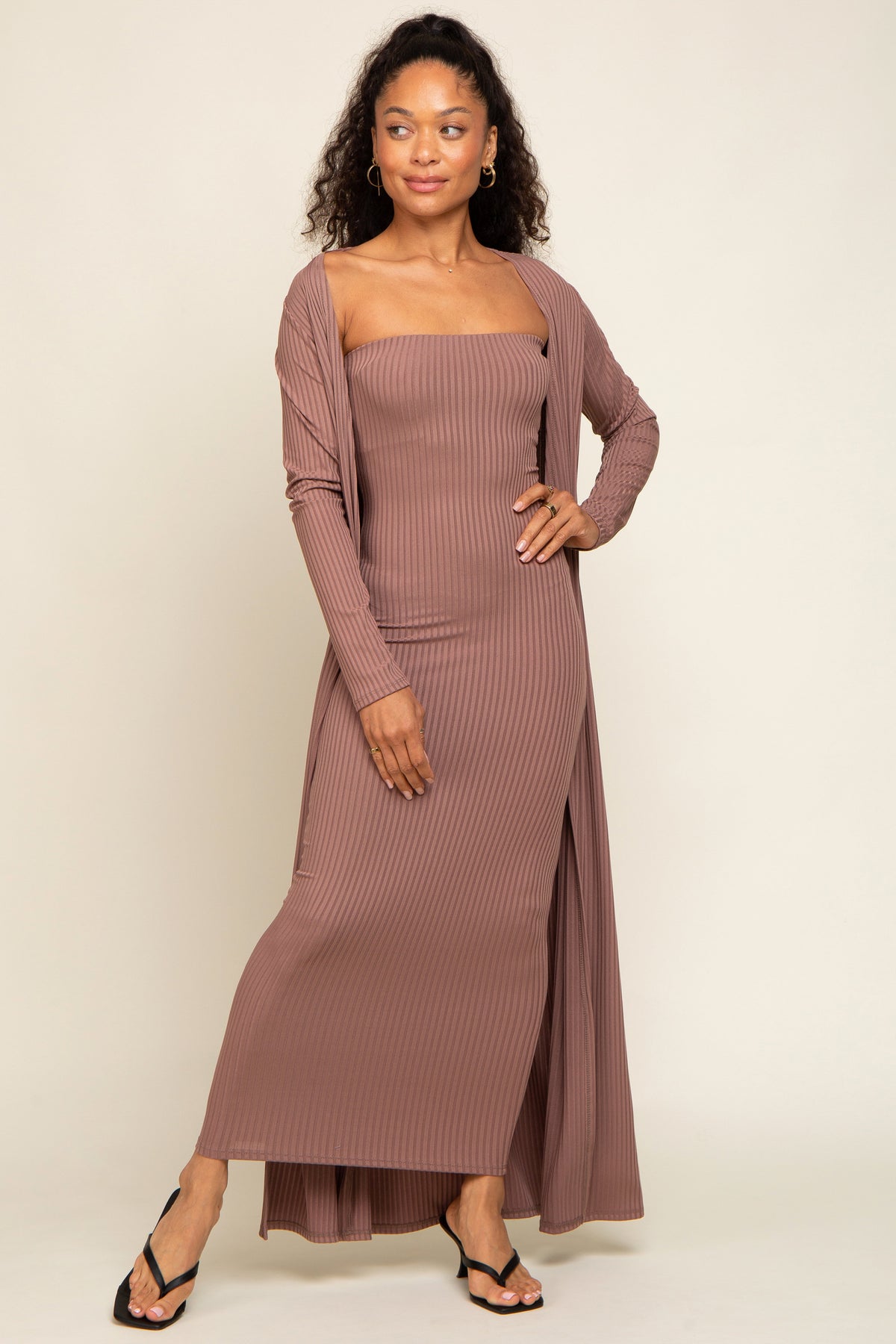 Mocha Ribbed Sleeveless Dress Cardigan Maternity Set by PinkBlush (view 41 of 41)