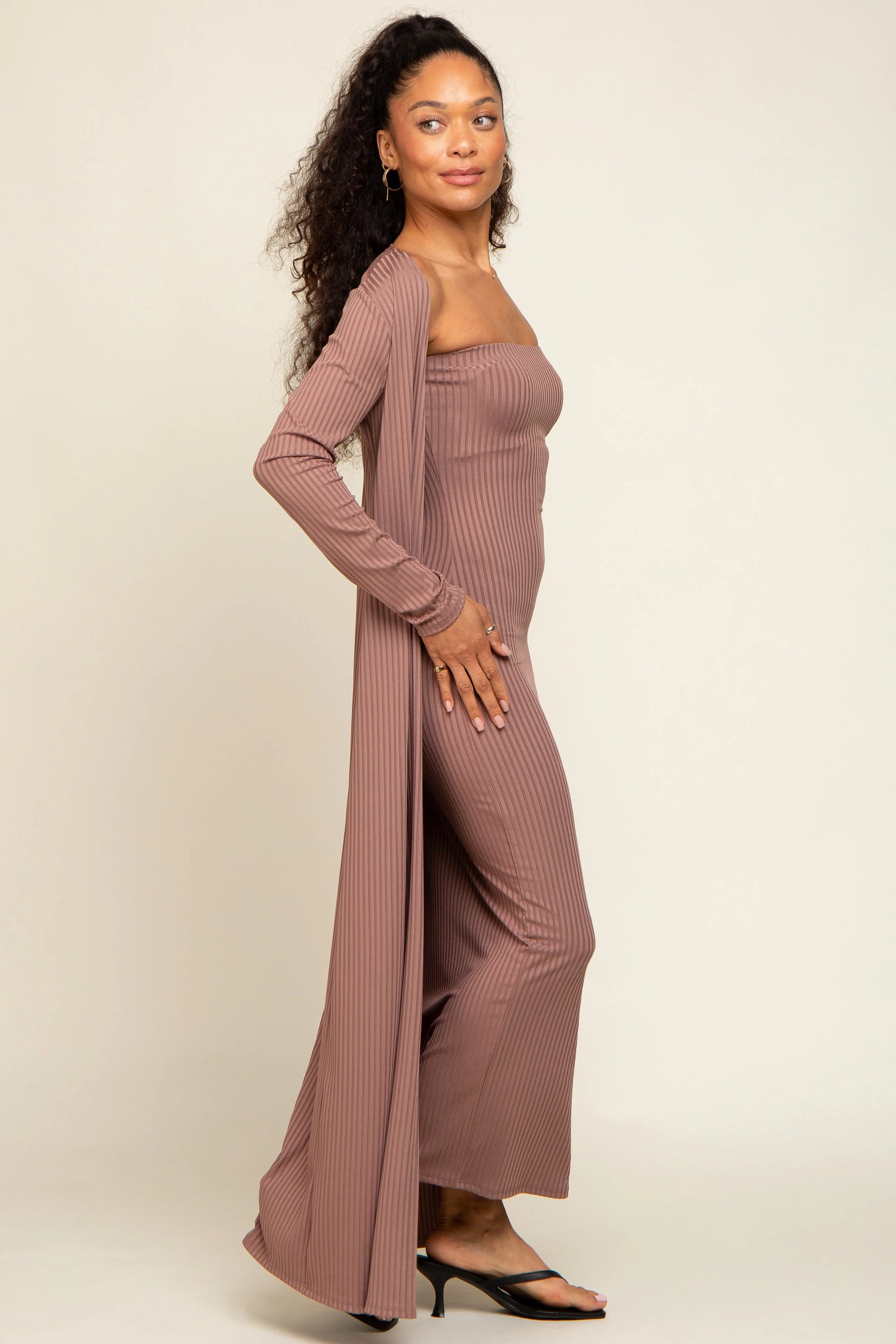 Mocha Ribbed Sleeveless Dress and Cardigan Set for Stylish Women - Everetts Place