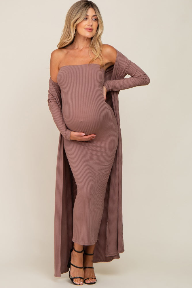 Mocha Ribbed Sleeveless Dress Cardigan Maternity Set by PinkBlush (view 3 of 41)
