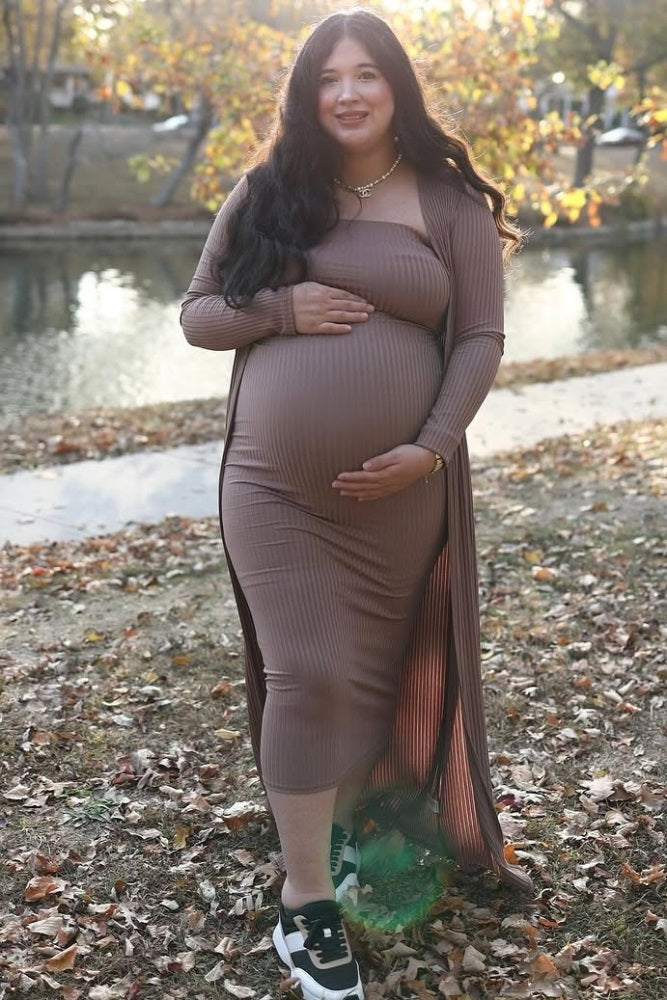 Mocha Ribbed Sleeveless Dress Cardigan Maternity Set by PinkBlush (view 7 of 41)